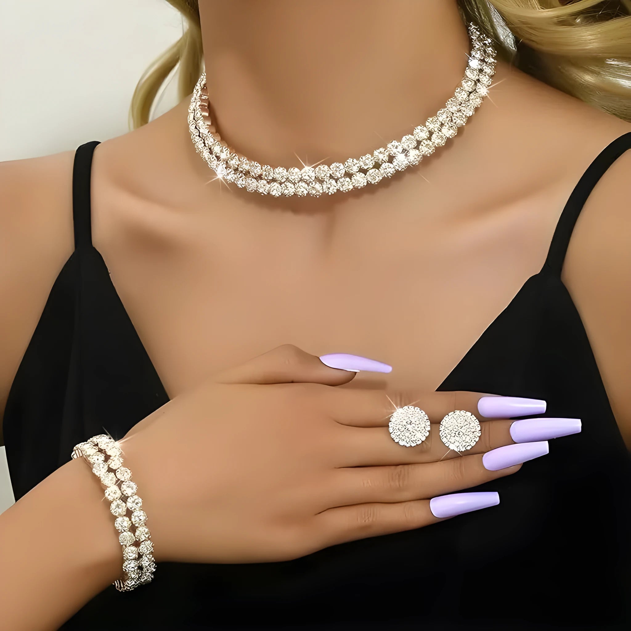 Women's rhinestone double-layer necklace and bracelet with stud earrings in gold set