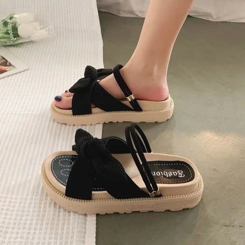 Women's two-wear flat platform sandals in green, beige, and black with 4.5cm heel and EVA upper