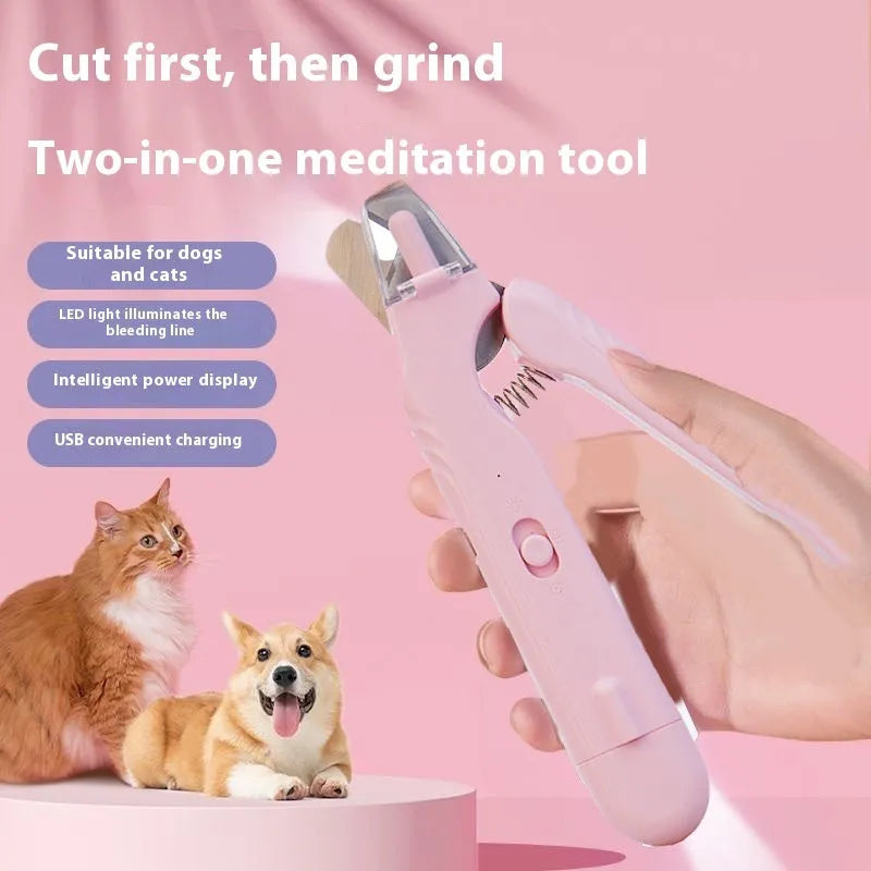 2-in-1 pet nail clipper with LED light and grinder for safe dog and cat nail trimming, white and green
