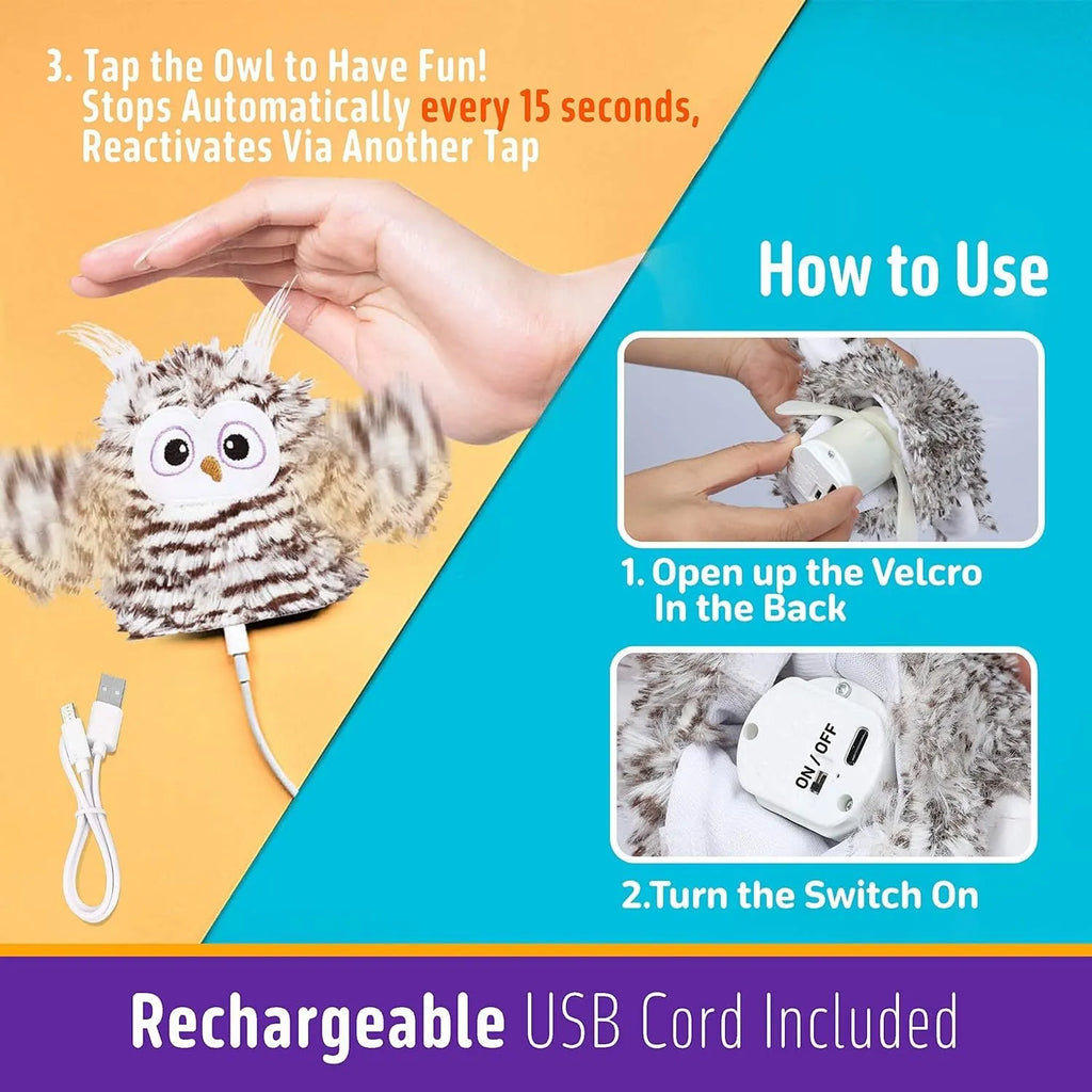 Gray owl-shaped automatic cat toy with flapping wings for indoor feline entertainment