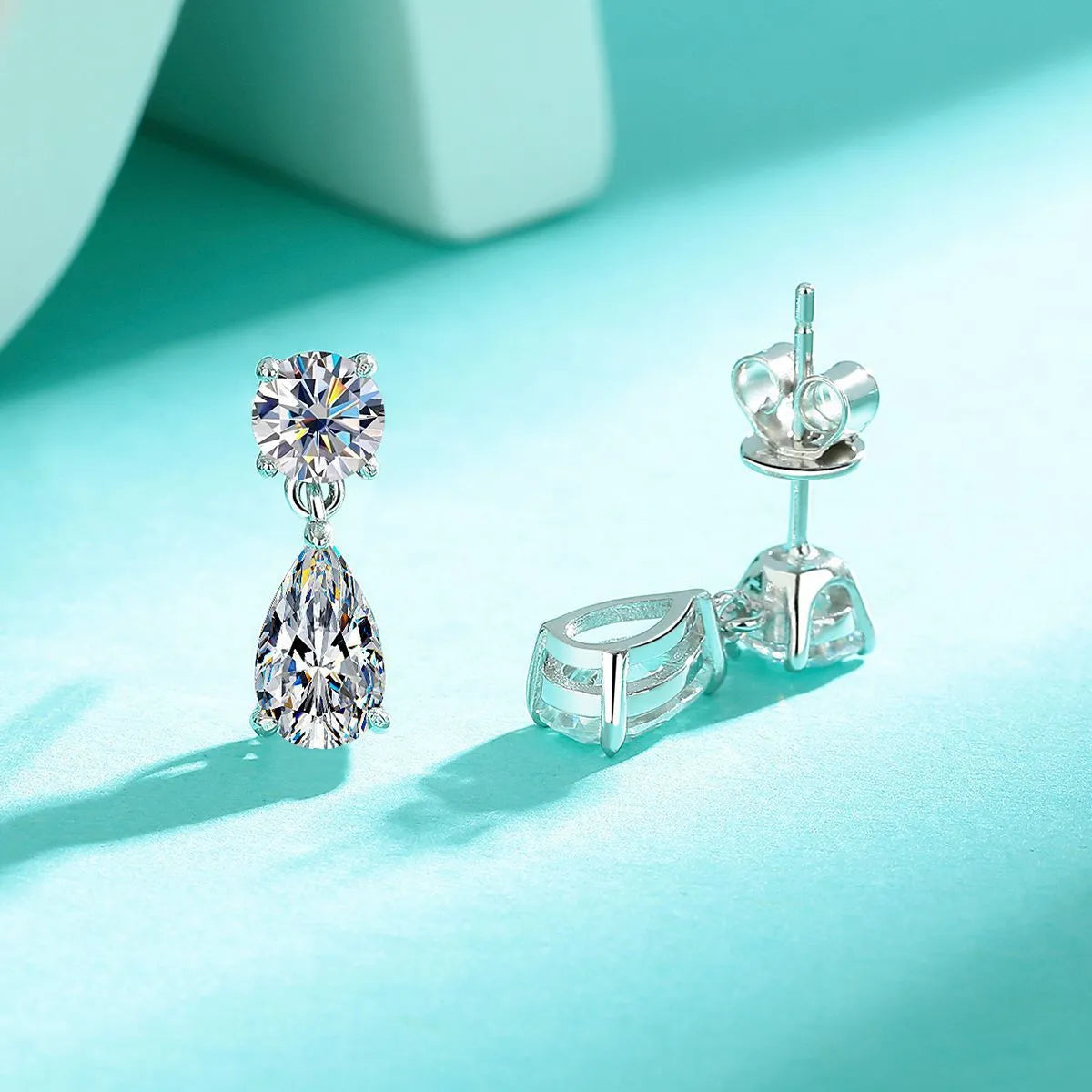 Geometric water drop moissanite stud earrings in sterling silver with gold or silver finish