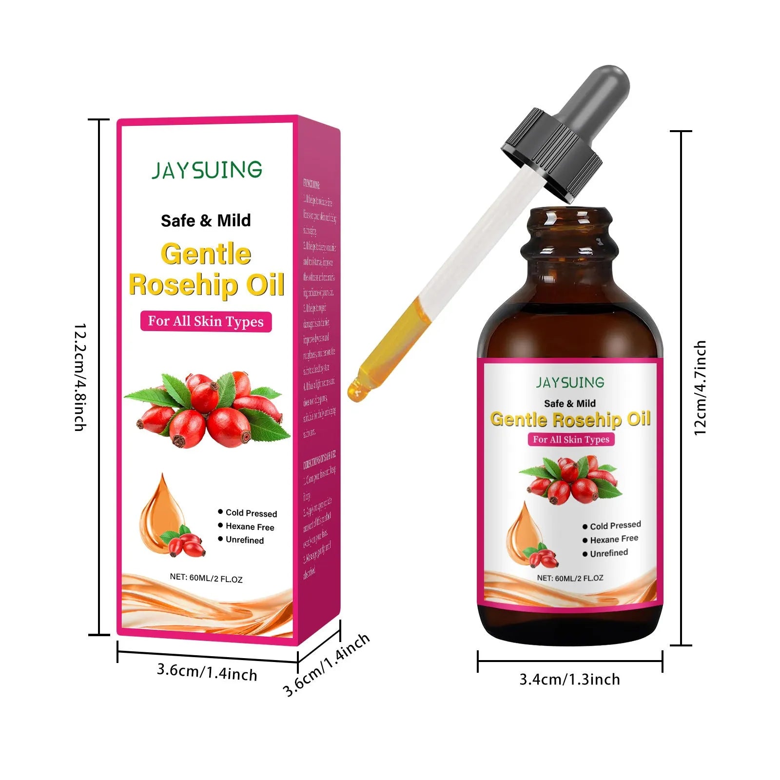 60ml bottle of rose fruit seed facial oil with glycerol, rose hip oil and vitamin E