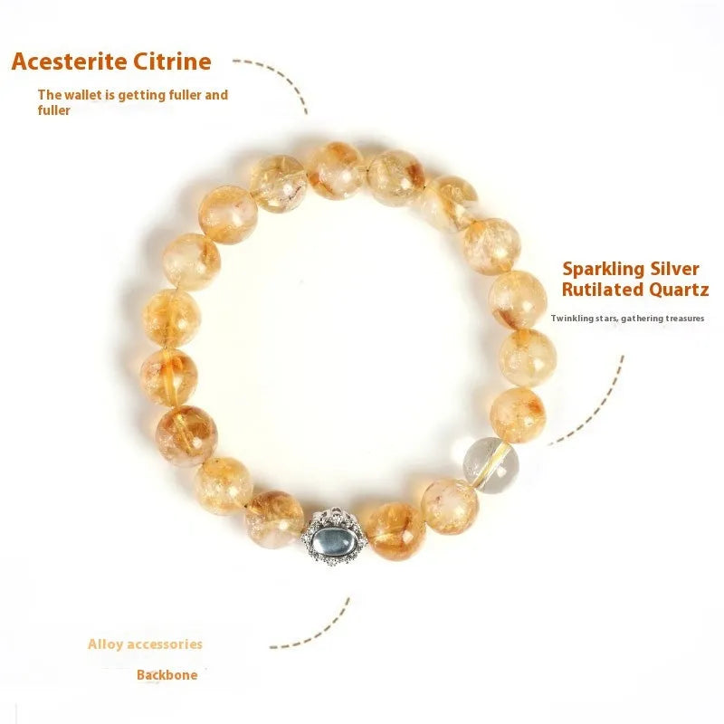 Geometric citrine crystal bracelet with 10mm beads and grinding-treated surfaces