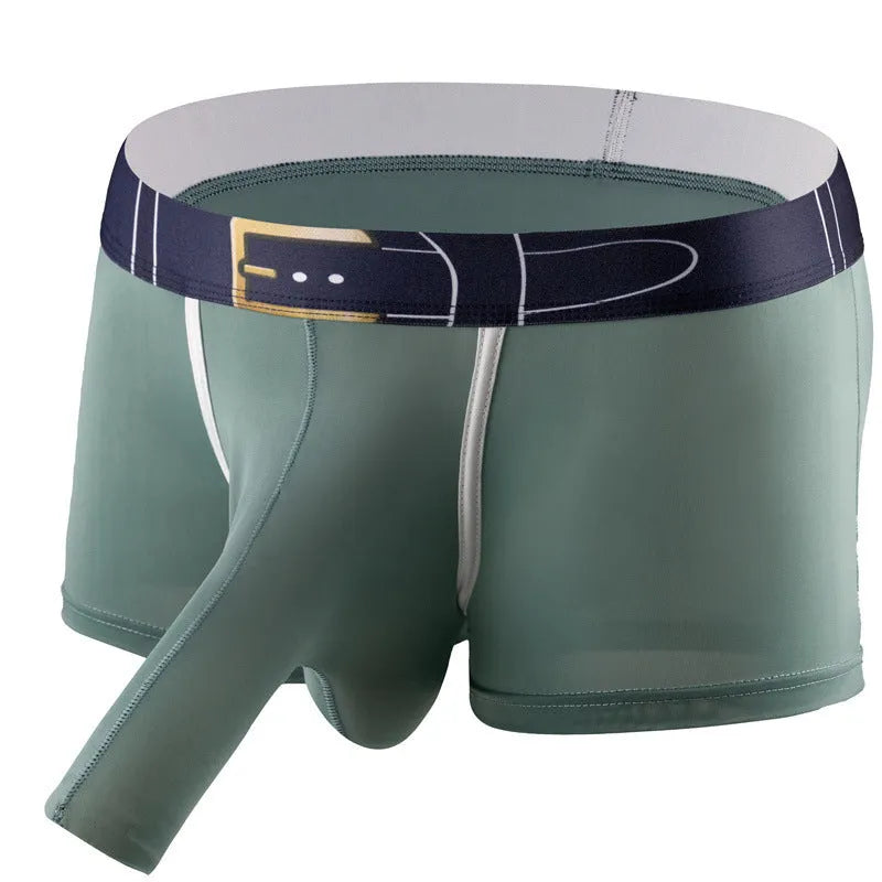 Men's solid colour boxer shorts in ice silk fabric, shown in grey, on a white background.