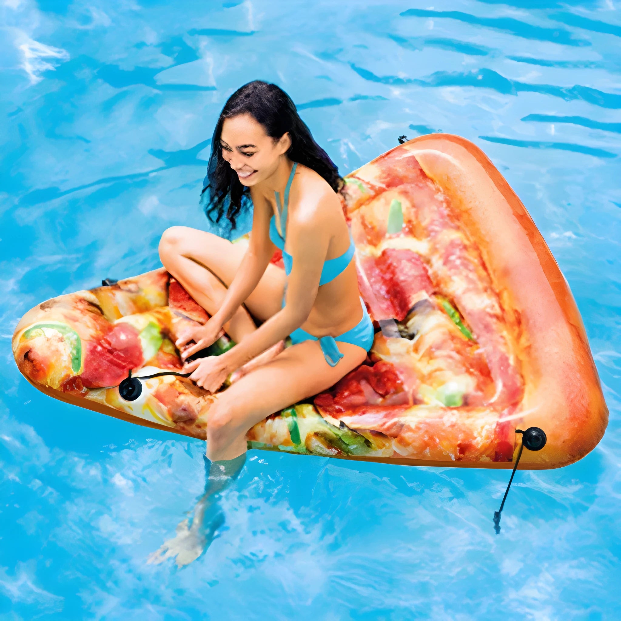 Pizza-themed inflatable surfboard recliner floating in water with vibrant colours and 175cm dimensions