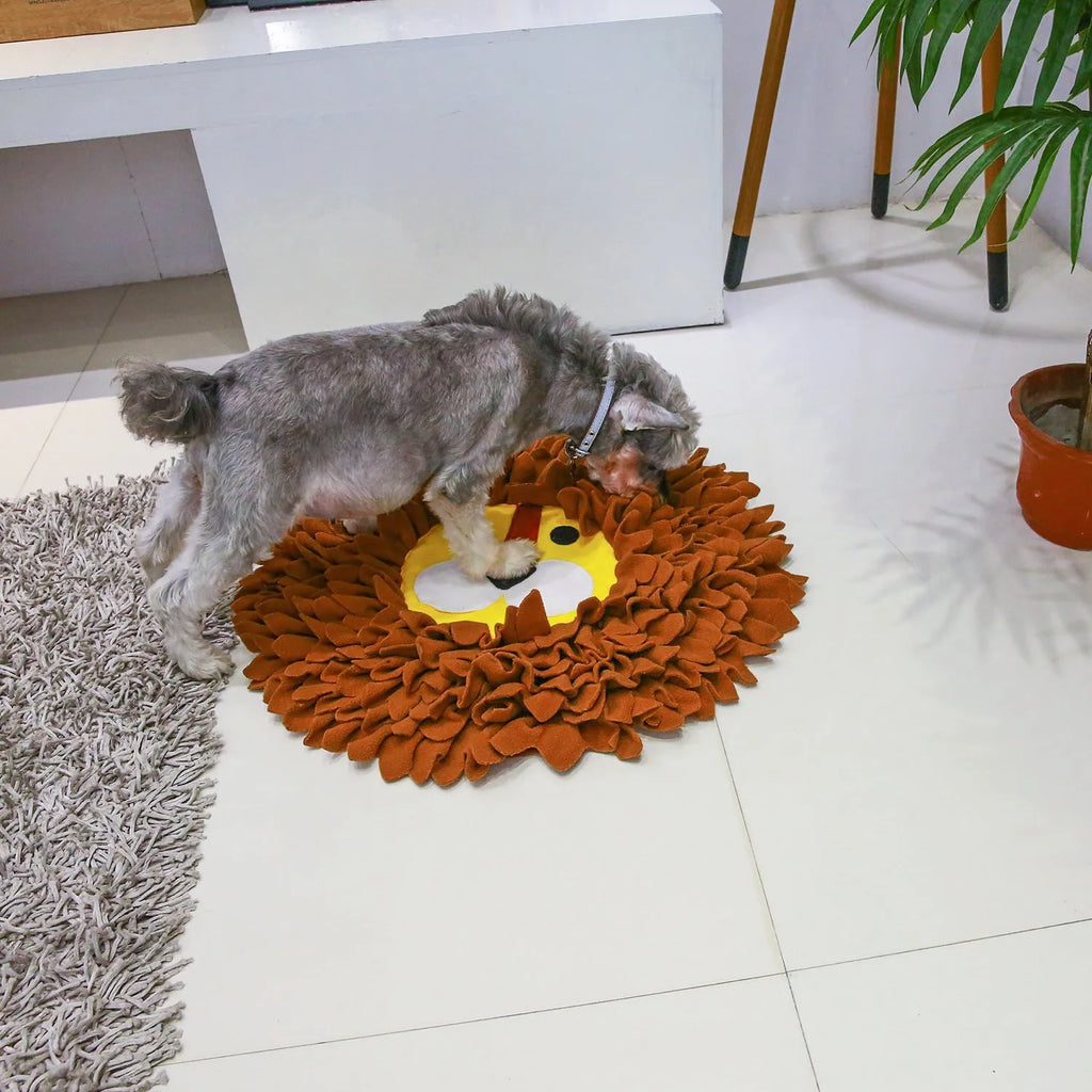 Brown lion-shaped pet sniffing pad with textured fabric for hiding dog or cat food.