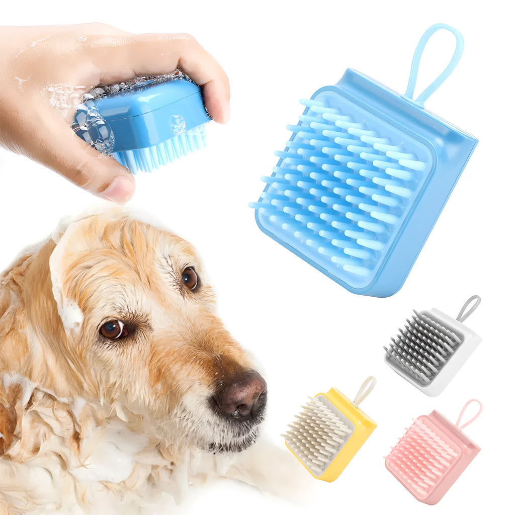 Soft TPR pet bath brush in pink with ergonomic handle for gentle grooming and massage