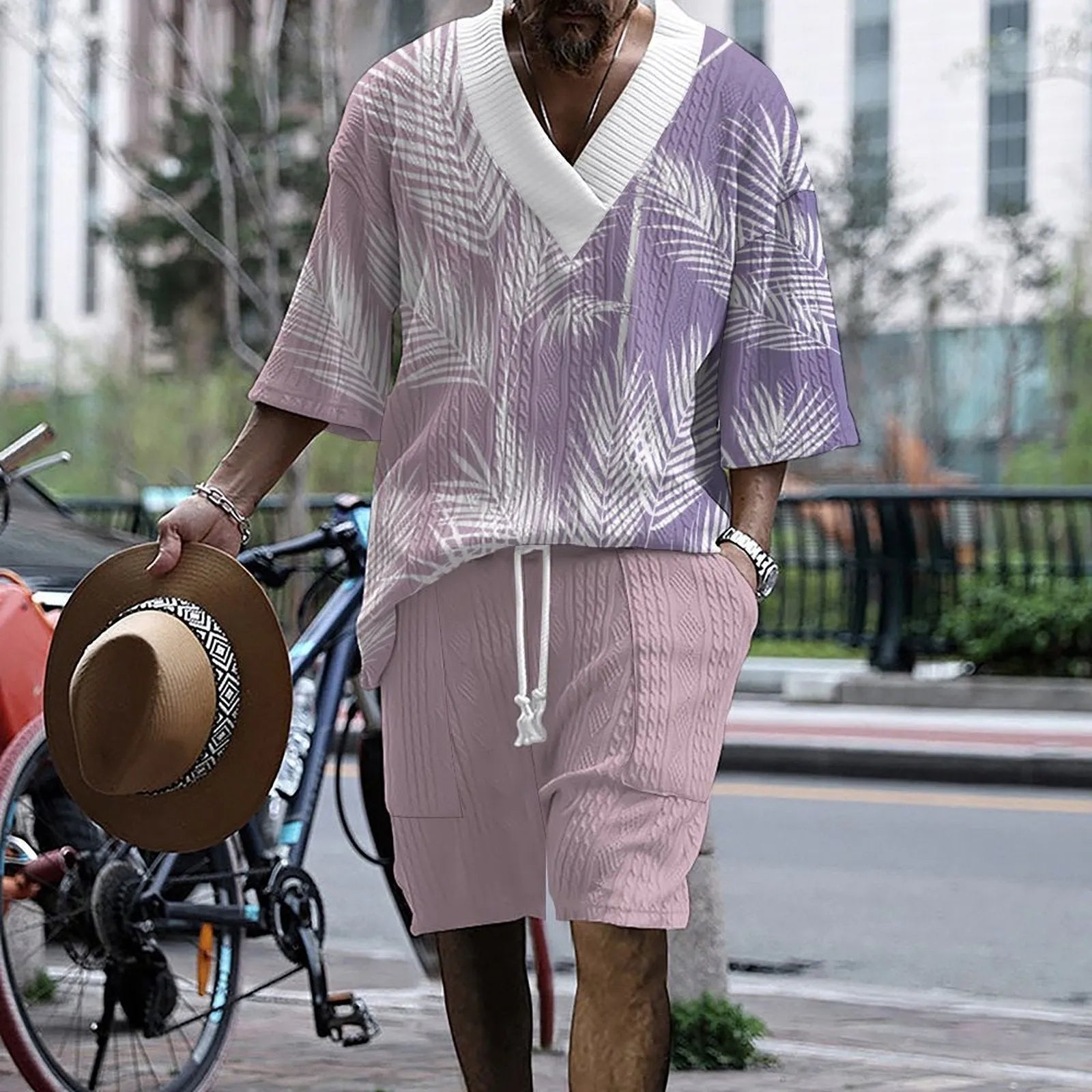 Men's printed knitted shorts suit with drop-shoulder short-sleeved top and matching shorts