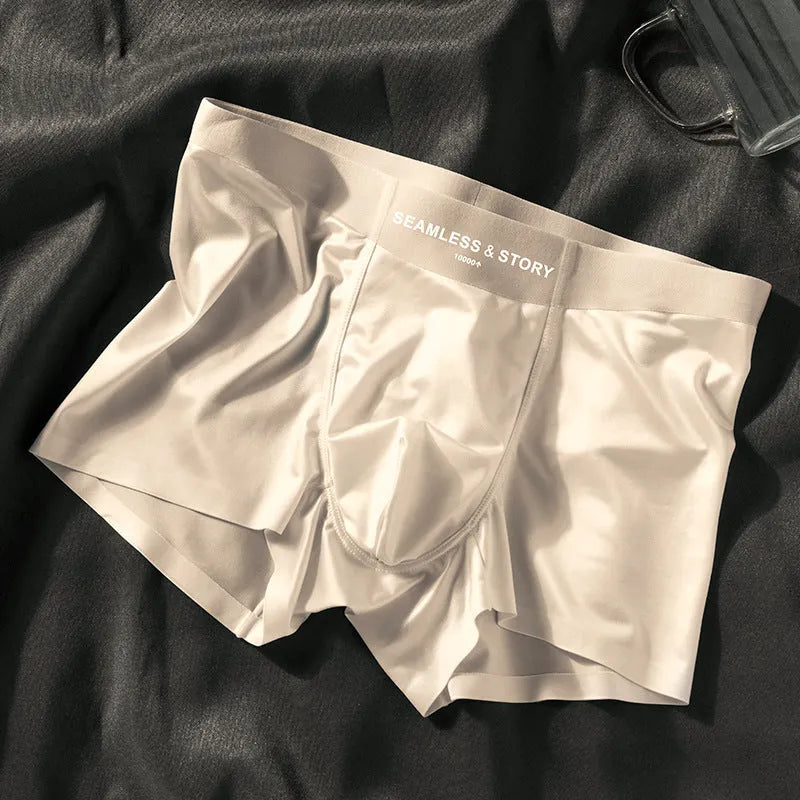 Men's ice silk underwear set in blue colour showing mid waist design and smooth satin fabric