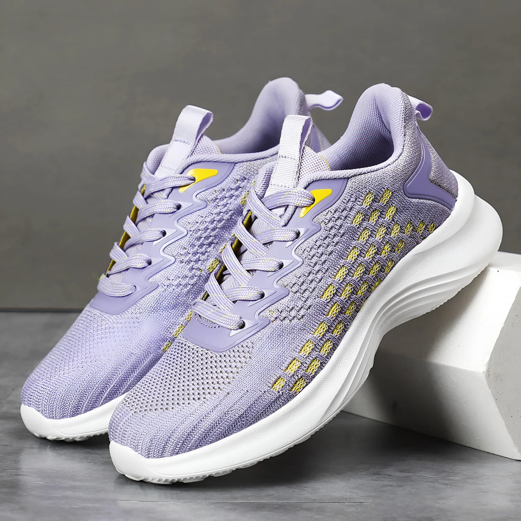 Women's lavender purple Flyknit running shoes with mesh upper and EVA sole for athletic use
