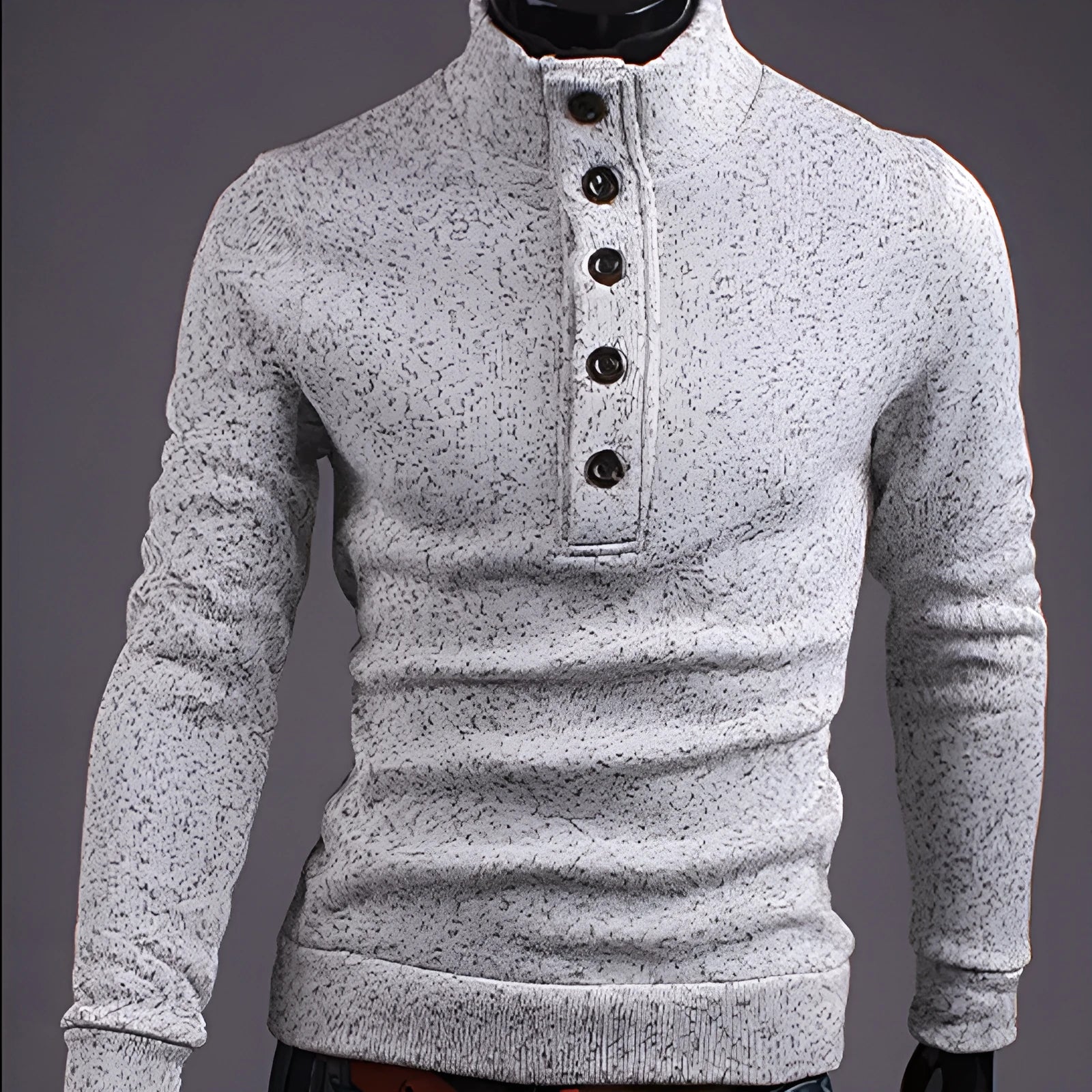 Men's turtleneck buttons sweater pullover long sleeve loose fit twisted flower craft in black