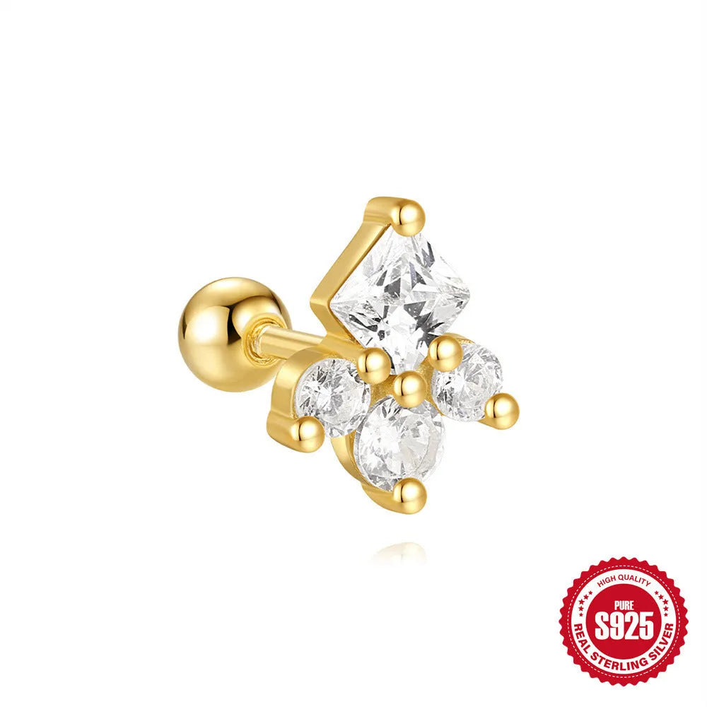 Close-up of S925 sterling silver square gravel flower stud earrings with a golden electroplated finish.