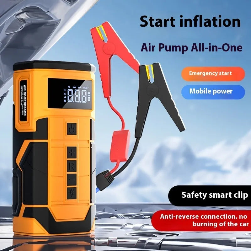 Black and yellow car jump starter with SOS light and Type-C charging cable