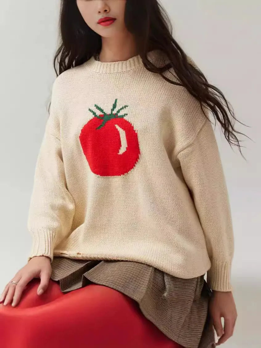 Women's milky white acrylic jacquard sweater with round neck and long sleeves