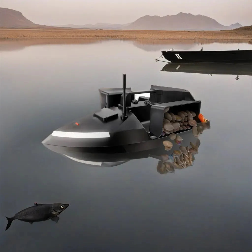 GPS remote control fishing boat in black or luminous yellow with remote control and handbag.
