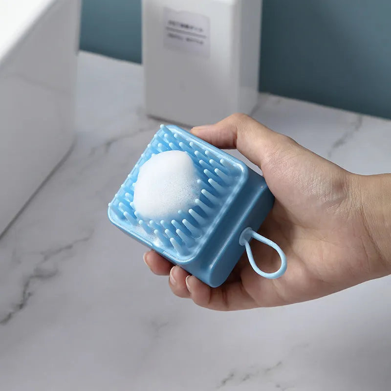 Soft TPR pet bath brush in pink with ergonomic handle for gentle grooming and massage