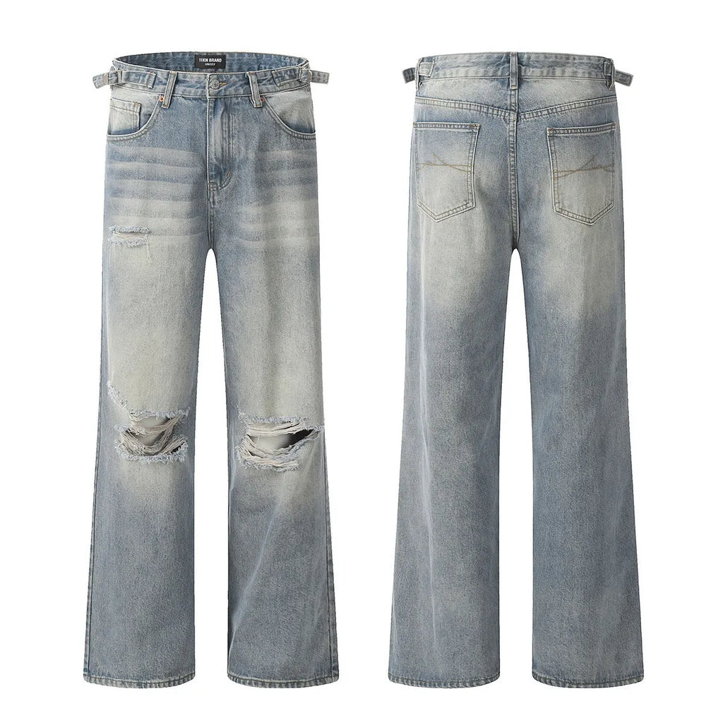 Blue men's straight-leg ripped jeans with a cotton blend fabric and zipper fly.