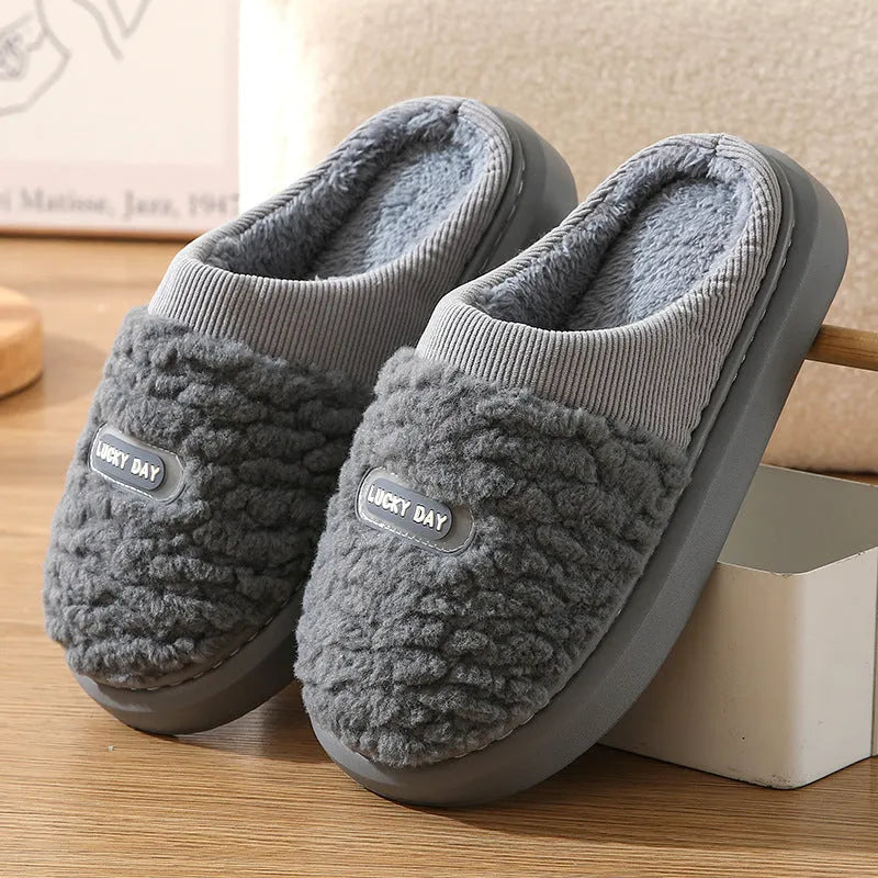 Men's grey and brown plaid winter slippers with thick woolen bottom and rabbit hair upper