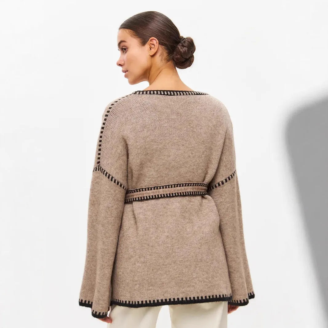 Loose knitted cardigan with lace-up front in imitation cashmere blend fabric