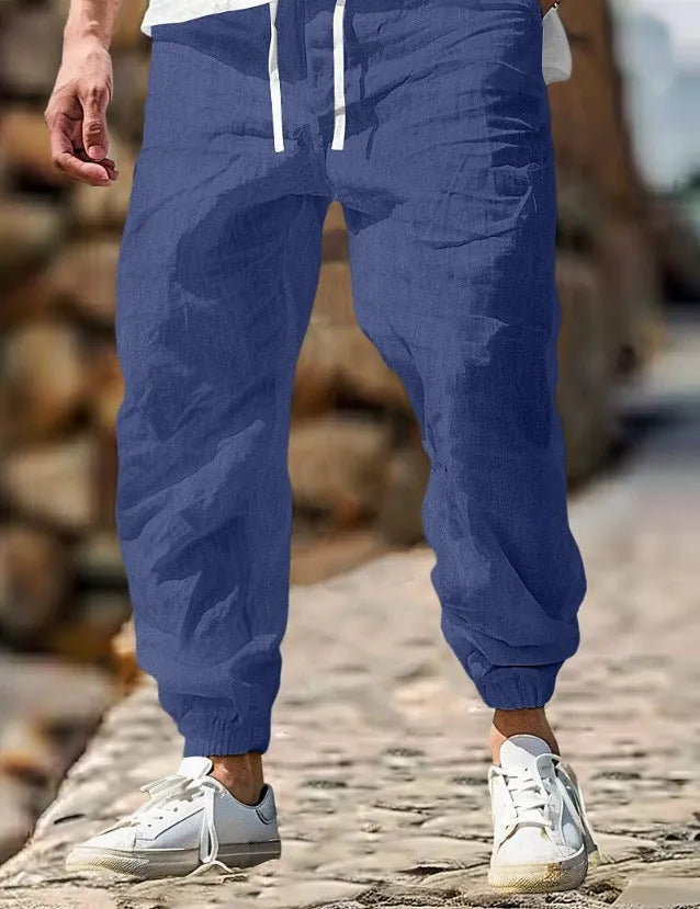 Men's straight-leg linen trousers with elastic waistband in seven summer colour options