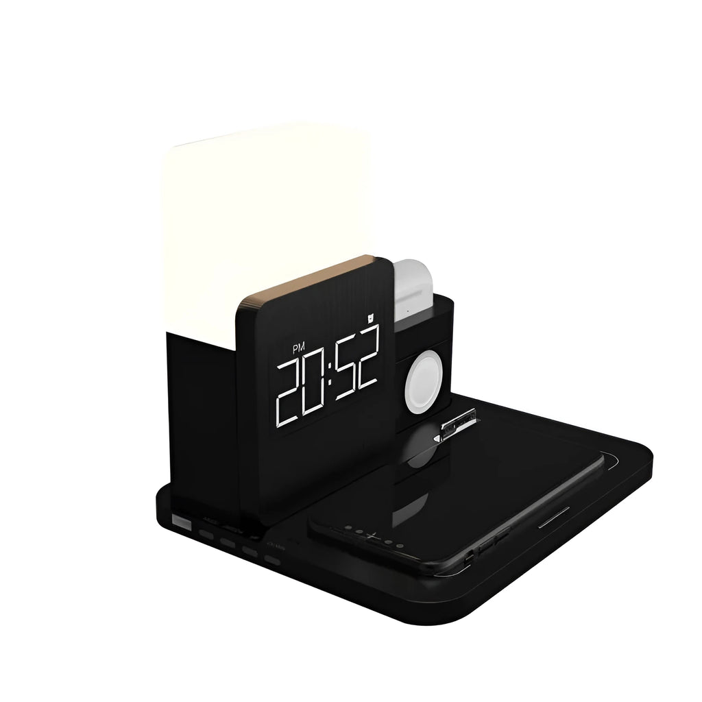 Dark green 3-in-1 wireless charging stand for phone, watch, and earbuds on a wooden table.