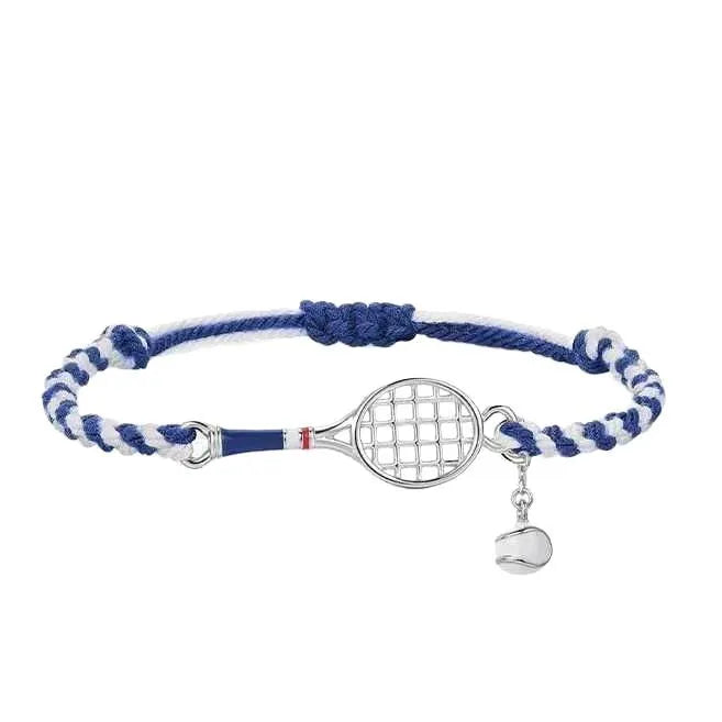 Retro blue and white rope woven tennis racket wristband bracelet with copper base and geometric dream catcher design