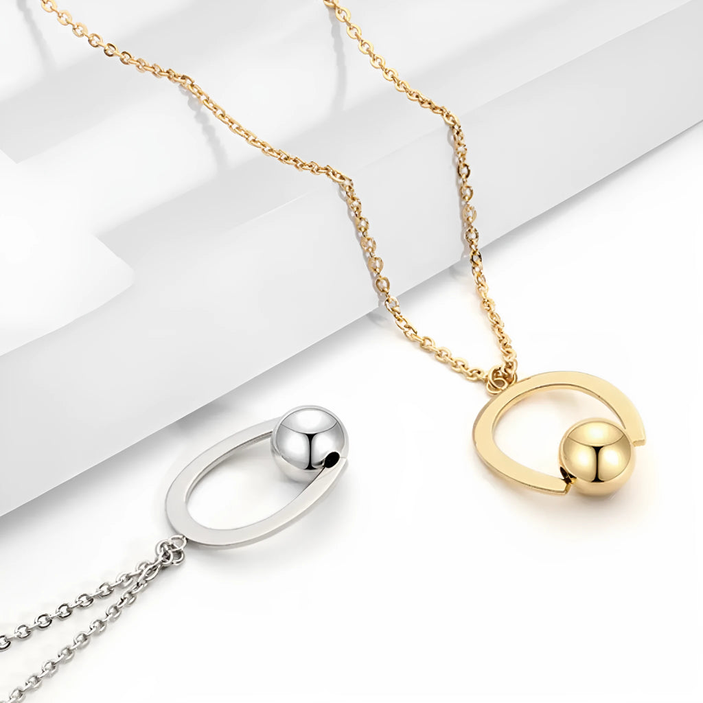 Stainless steel geometric pendant necklace with adjustable bead chain in gold or silver finish