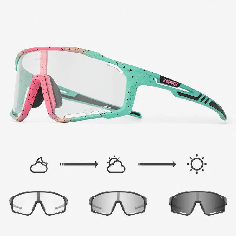 Photochromic cycling sunglasses with a semi-rimless TR90 frame shown in one of fourteen colour options.
