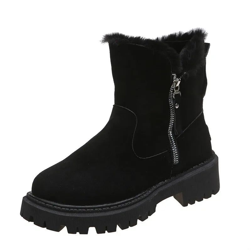 Women's black thick plush high top snow boots with side zipper and round toe on a rubber sole.