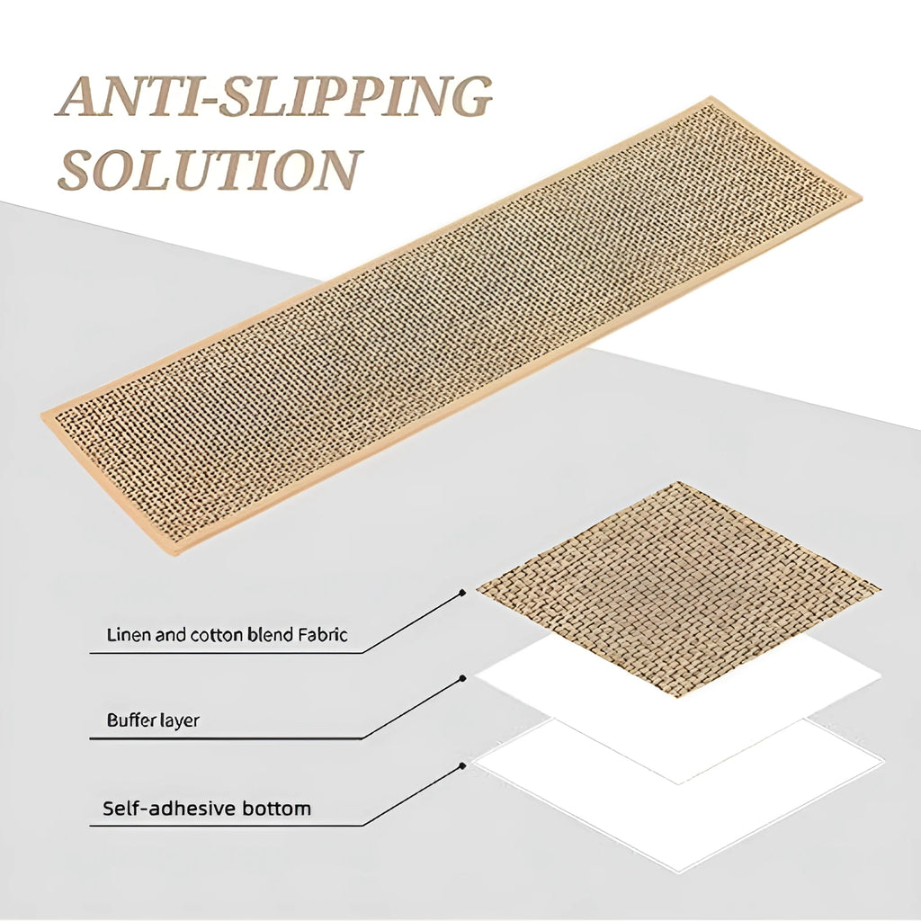 Japanese-style solid-colour linen-look stair mat with rubber backing lying flat on a wooden step.