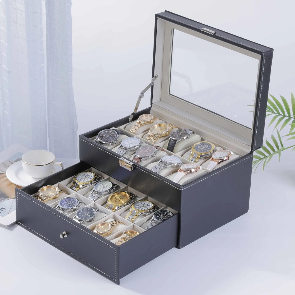 Grey high-grade leather watch storage box with dustproof see-through lid showing multiple watch compartments