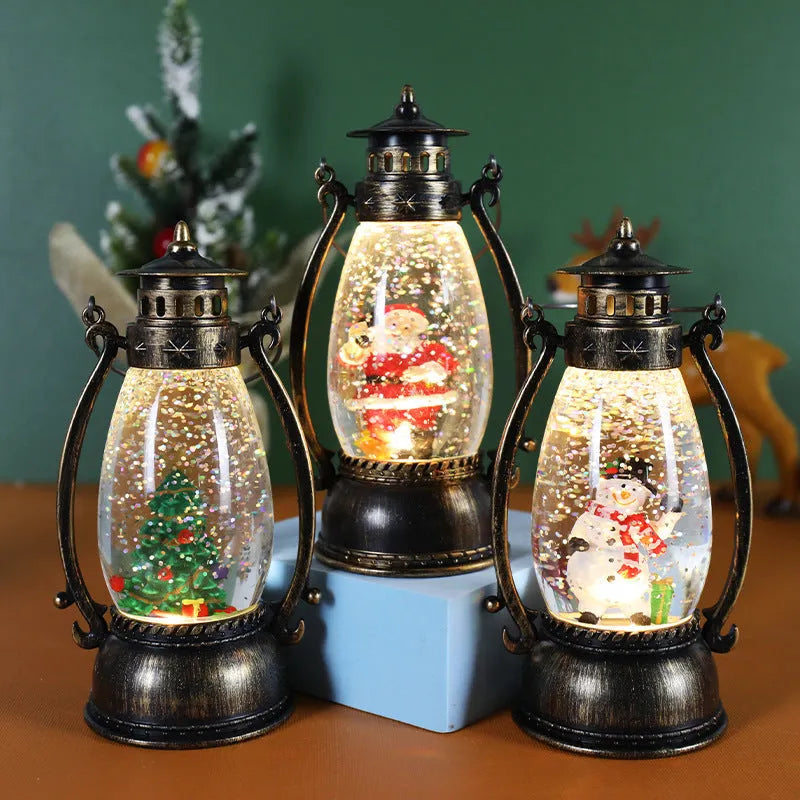 Plastic Christmas oil lamp decoration with LED light showing snowman figurine inside crystal ball dome.