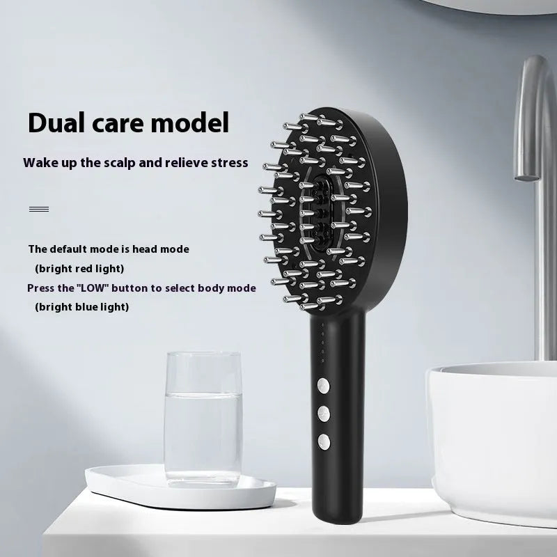 Black rechargeable scalp vibration massage device with multiple therapy heads and charging cable