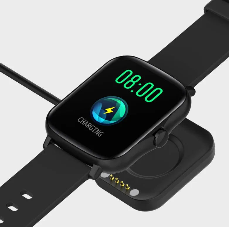 Blue smart sports watch with 1.7-inch colour touch screen on adjustable strap showing fitness data interface.