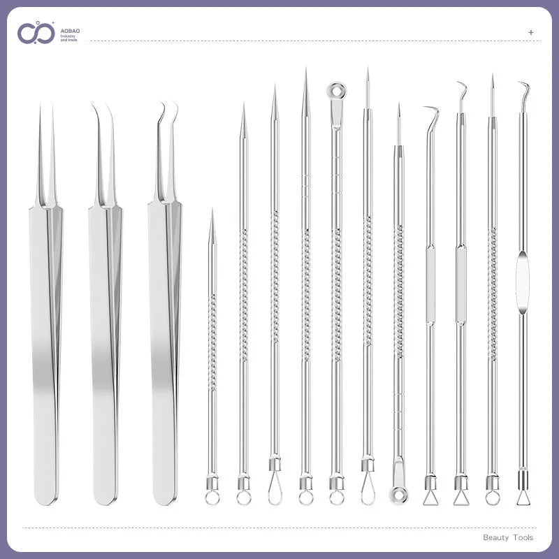 Four silver metal acne needles with ultra-fine pointed tips for skin treatment.