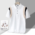 Men's gray cotton lapel T-shirt on a hanger, showing V-neck and short sleeves.