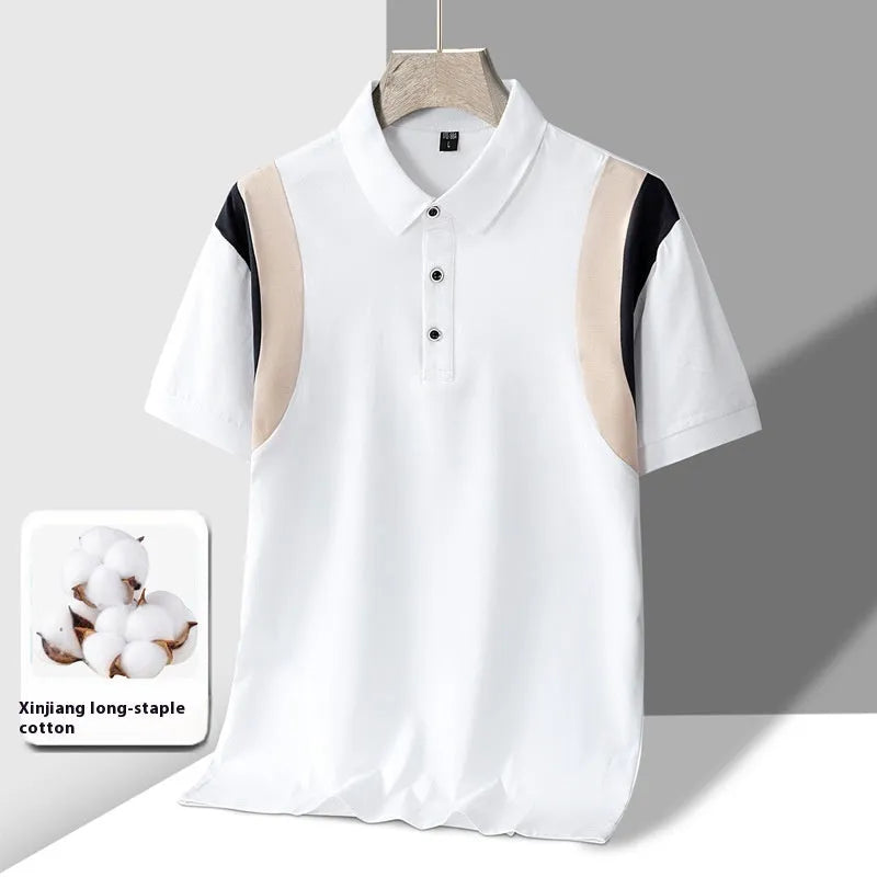 Men's gray cotton lapel T-shirt on a hanger, showing V-neck and short sleeves.