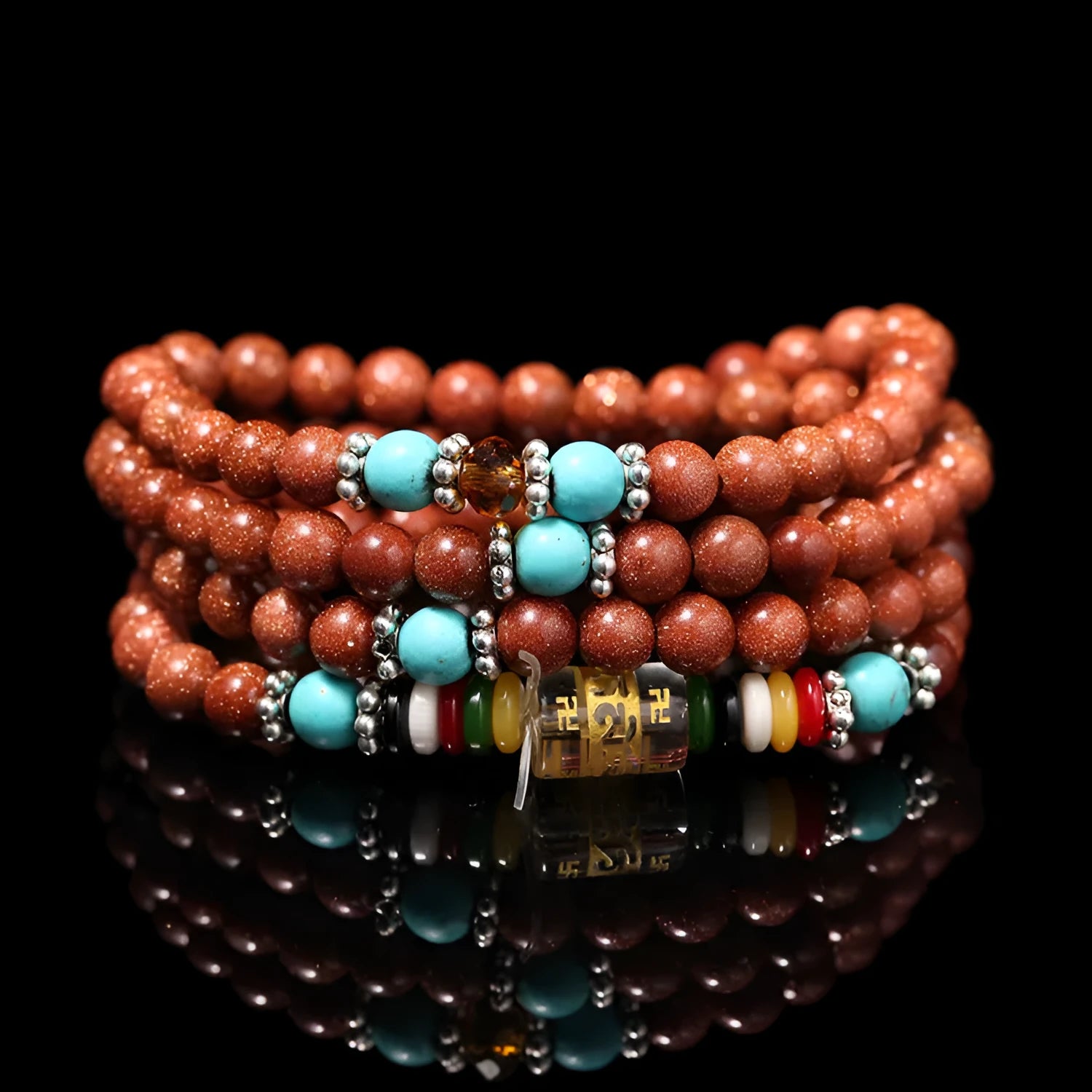 Golden star stone women's bracelet with 108 nugget sand beads and multi-circle mantra design
