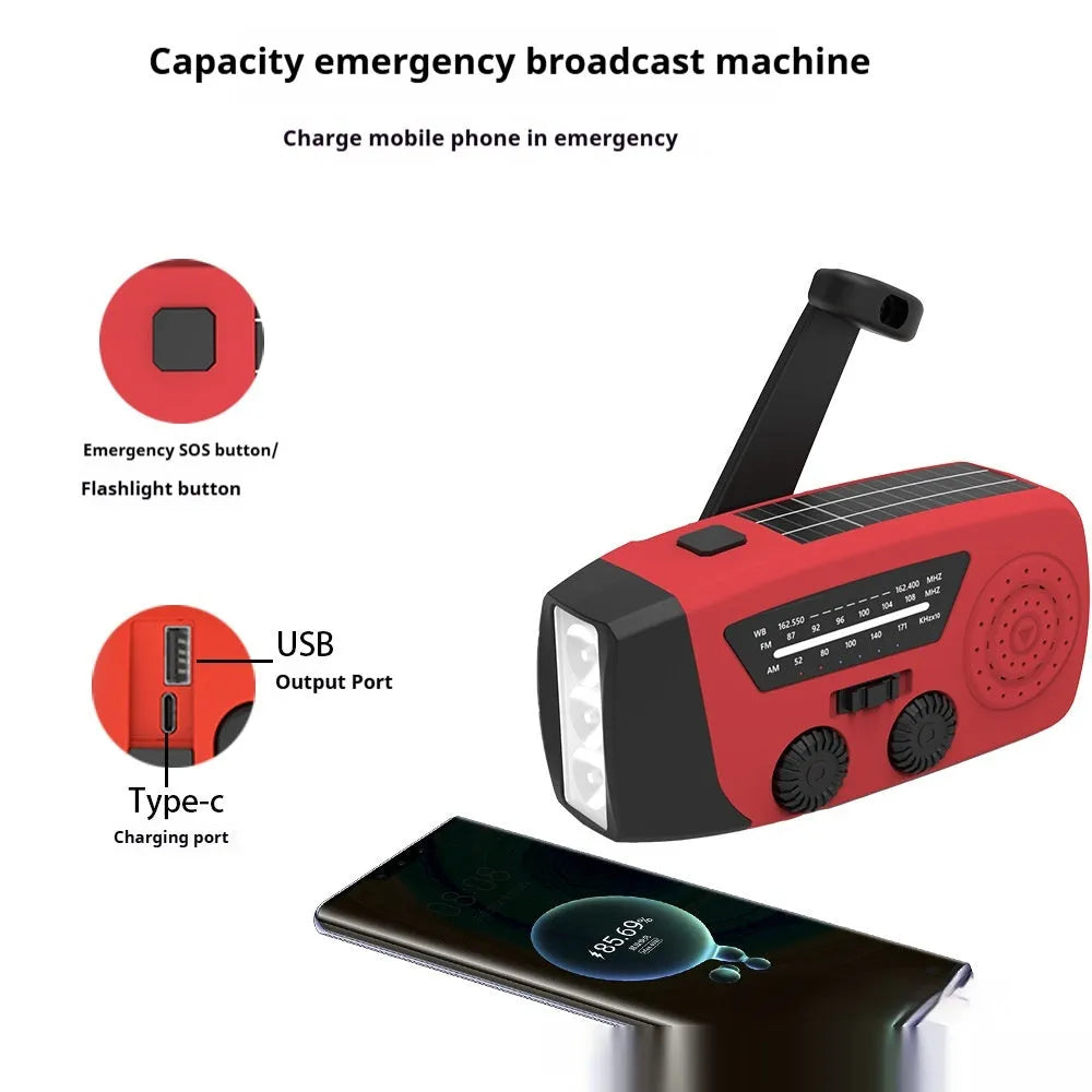 Red rechargeable emergency radio torch with AM/FM receiver, LED flashlight, and wrist strap