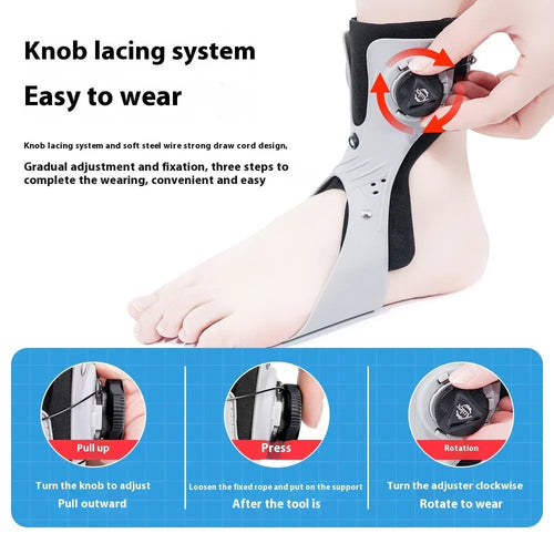 Grey ankle support brace showing airbag button system and hook-and-loop fastening for adjustable compression