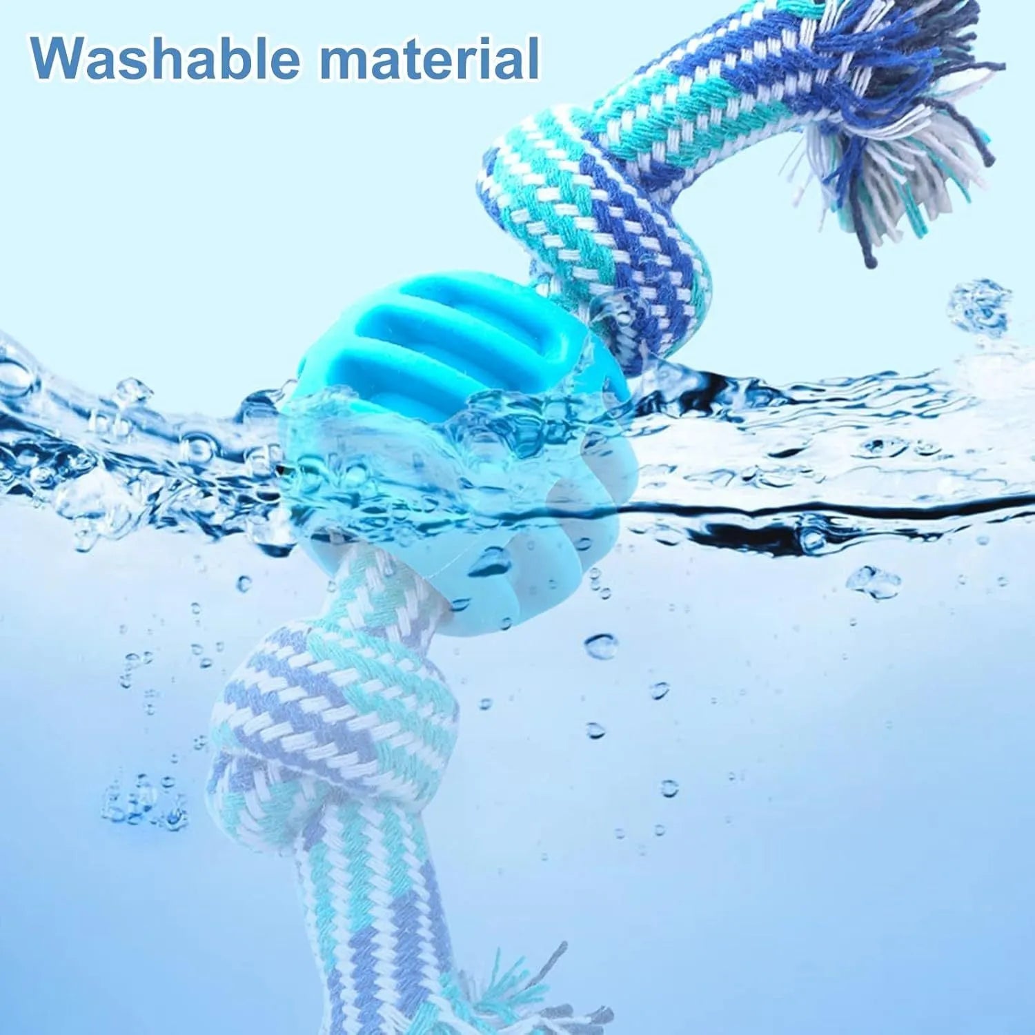 Blue soft dog chew toy in molar shape with integrated white ropes for dental cleaning.