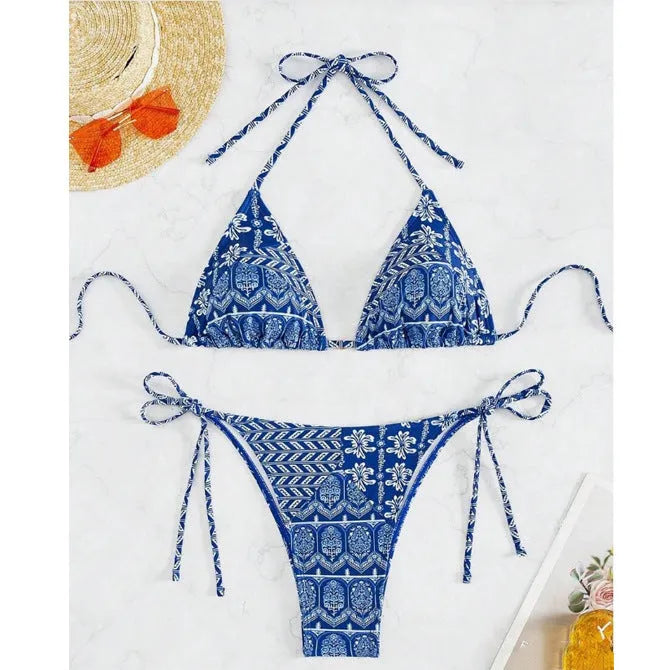 Women's split bikini swimsuit with bandage stitching in polyester material