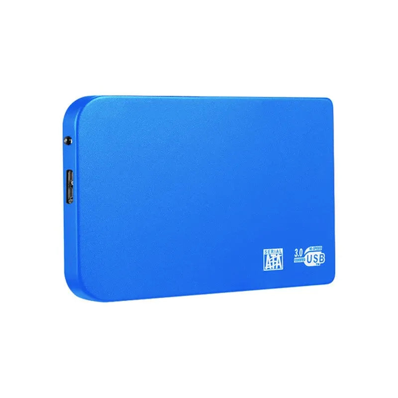 Silver metal external solid state drive with USB 3.0 cable on a desk.