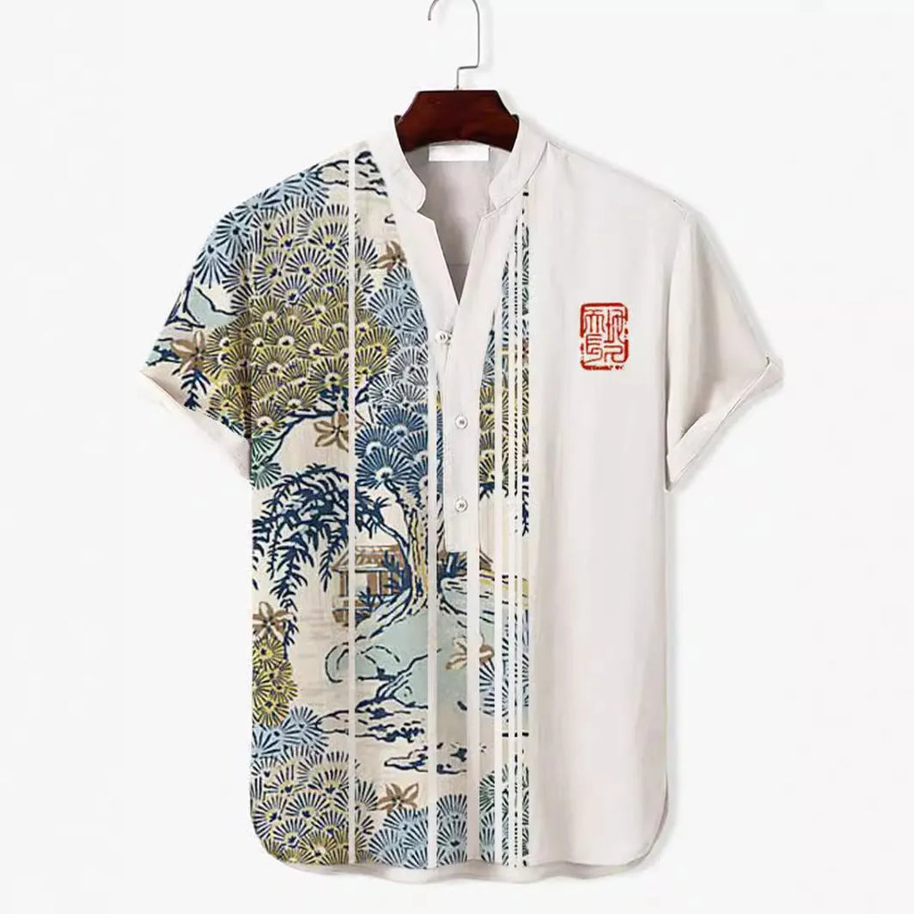 Man wearing a short sleeve t-shirt with a bold 3D digital animal graphic print on the front.
