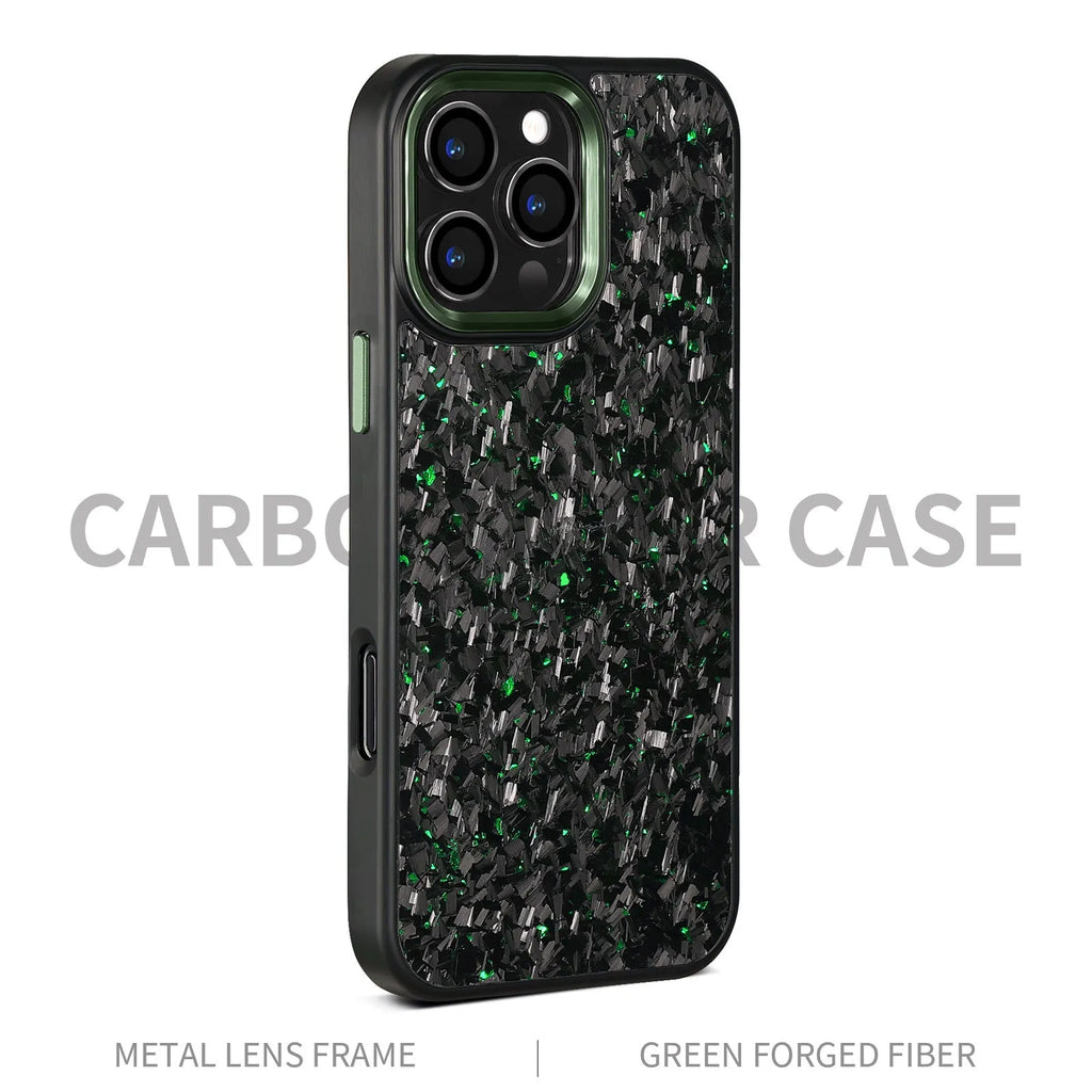 Green frame carbon fibre phone shell with metal back and magnetic feature for iPhone 17 series