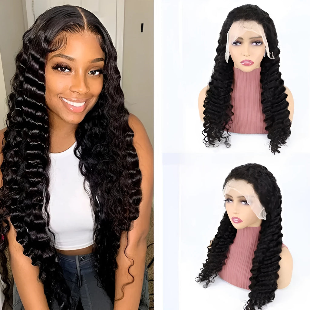 Solid colour human hair half lace front wig displayed on a stand, showing natural hairline.