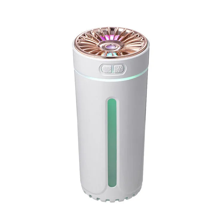 Black and white portable USB rechargeable humidifier with colourful lights for car and desktop use.