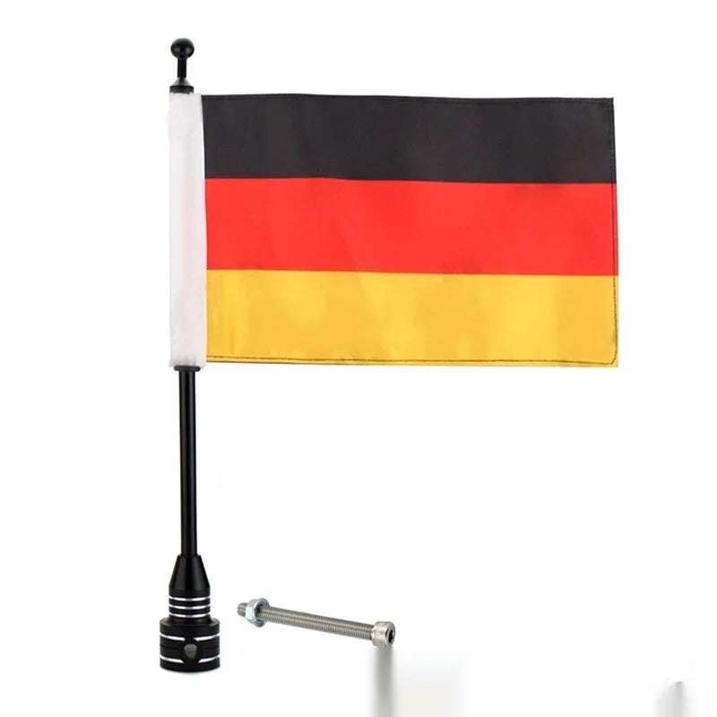 Black and silver motorcycle luggage rack flagpole for side boxes and panniers.