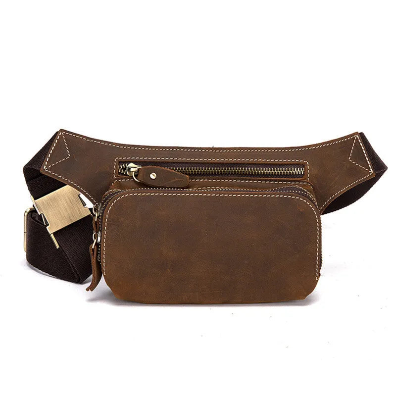 Brown cowhide leather men's sports waist bag with pull closure, shown with phone and laptop compartments.
