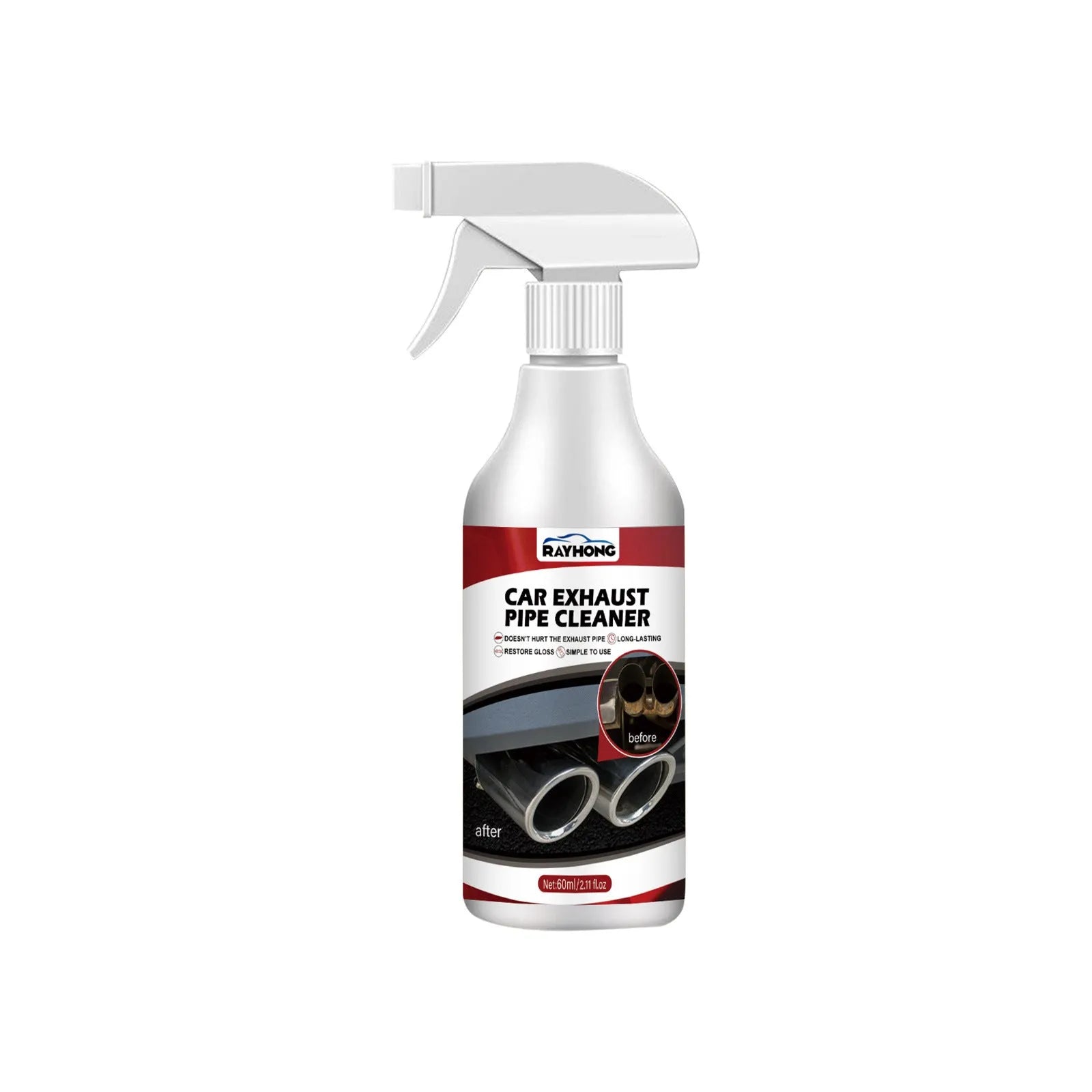 Car exhaust pipe cleaner rust removal 60ml bottle with thick formula on vehicle exhaust tip
